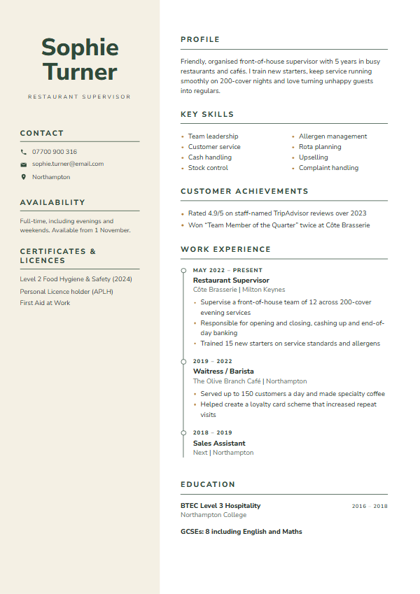Hospitality & retail CV template