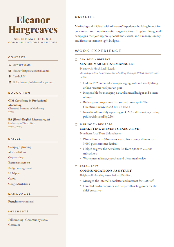 Example marketing, pr & admin cv template showing the layout